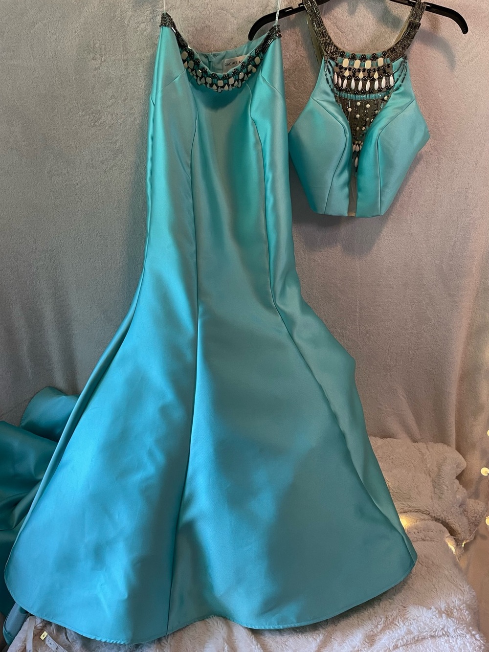 Rachel Allan Turquoise Satin Two-Piece Prom Dress